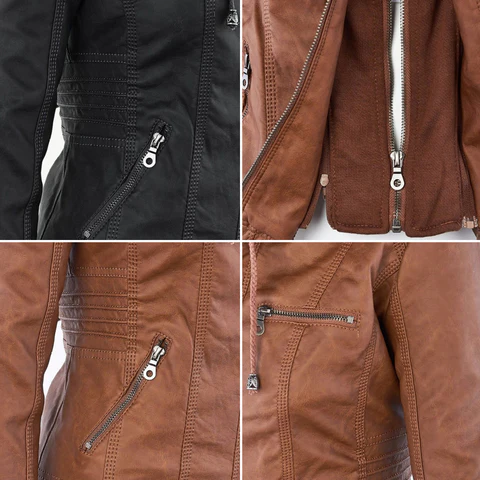 Nahaufnahmen von lederjacken in schwarz und khaki, die reißverschlusstaschen zeigen